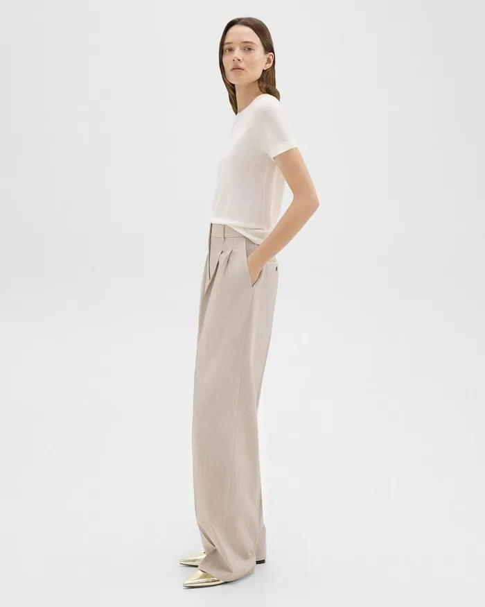 Women Theory Pants Double Pleat Pant In Good Wool Sand Melange