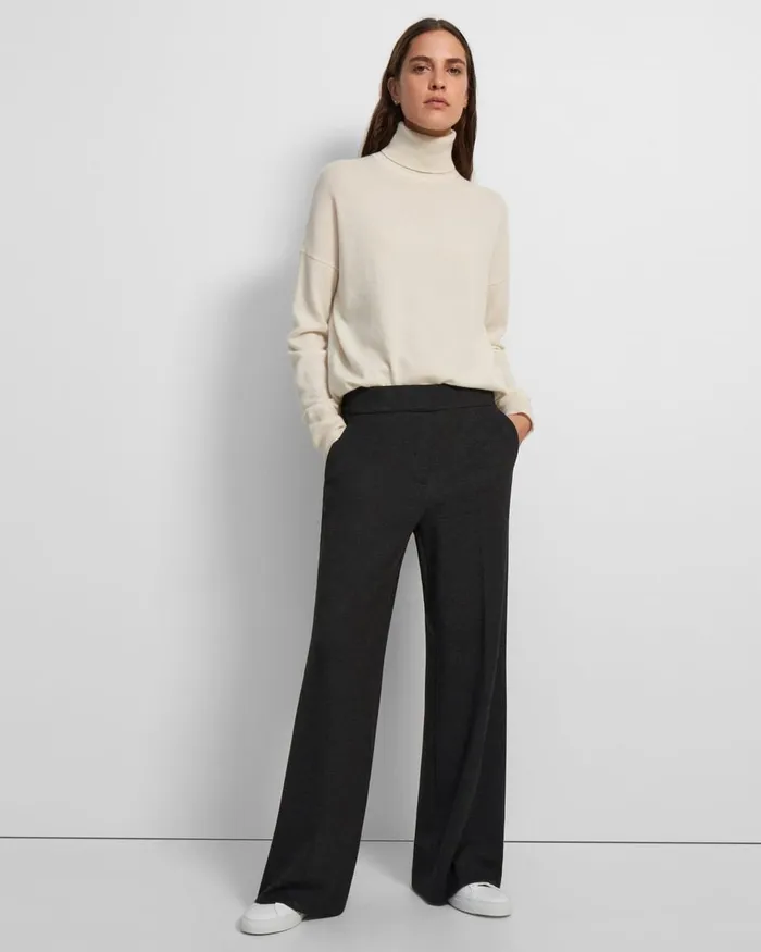 Women Theory Pants WideLeg Pant In DoubleKnit Jersey Charcoal Melangeoatmeal