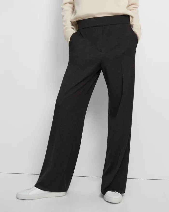 Women Theory Pants WideLeg Pant In DoubleKnit Jersey Charcoal Melangeoatmeal