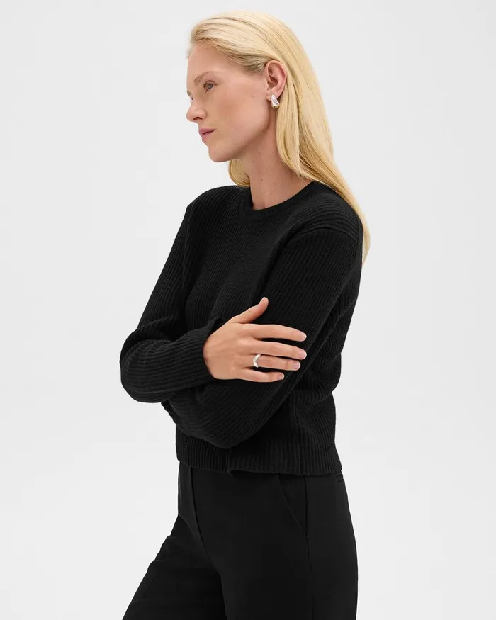 Women Theory Sweaters Cardigans Crewneck Sweater In Felted WoolCashmere Black
