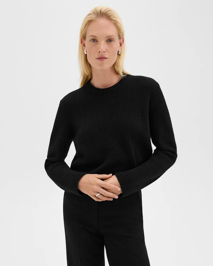 Women Theory Sweaters Cardigans Crewneck Sweater In Felted WoolCashmere Black