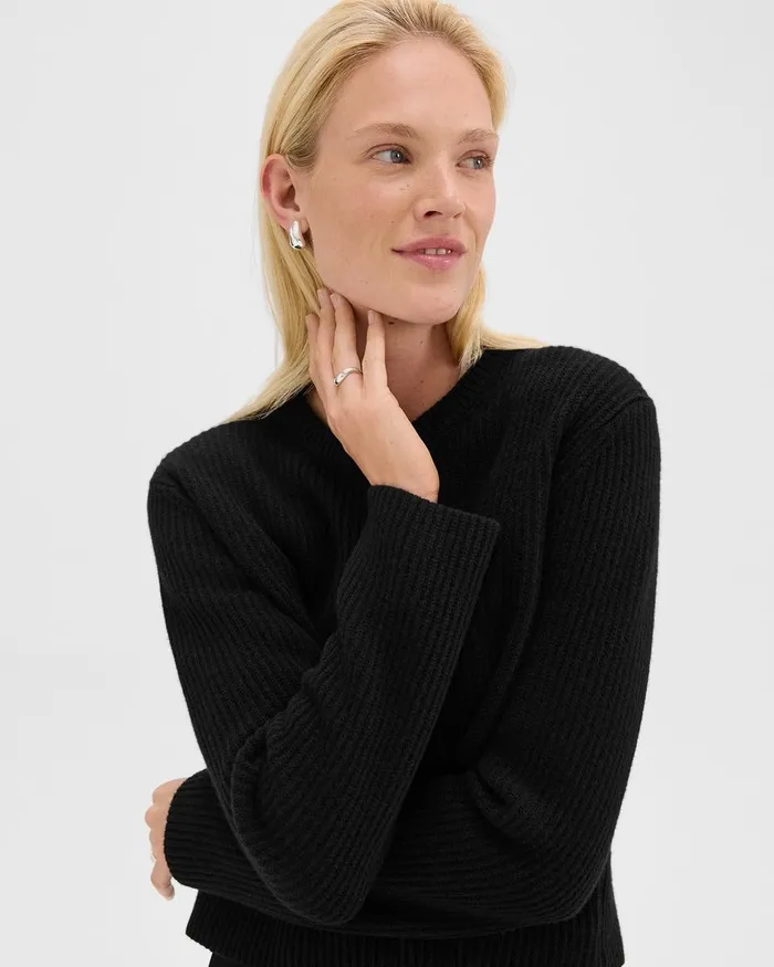 Women Theory Sweaters Cardigans Crewneck Sweater In Felted WoolCashmere Black