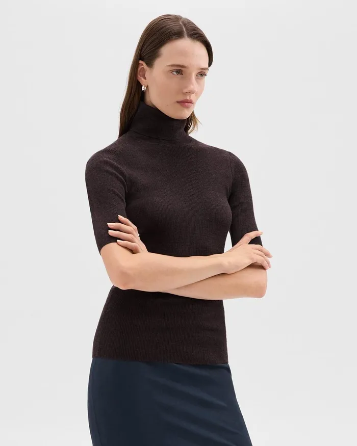 Women Theory Sweaters Cardigans Leenda ShortSleeve Turtleneck In Regal Wool Mink Melange