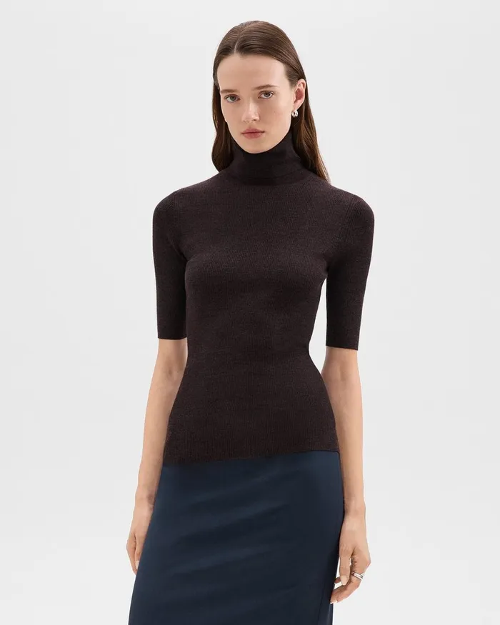 Women Theory Sweaters Cardigans Leenda ShortSleeve Turtleneck In Regal Wool Mink Melange