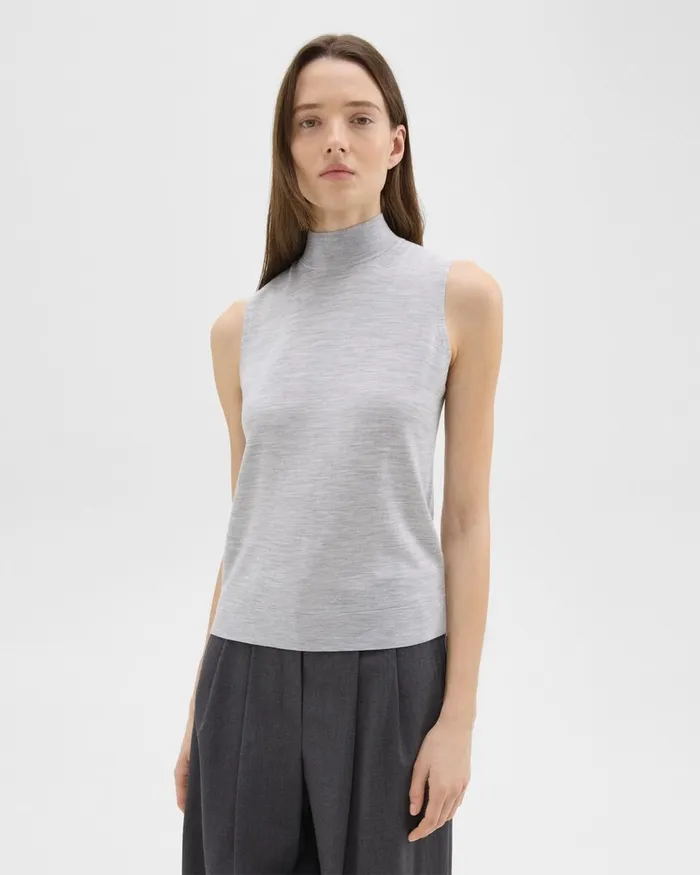Women Theory Sweaters Cardigans Mock Neck Sweater Shell In Regal Wool Frosted Grey Heather