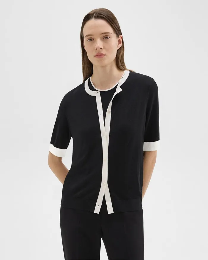 Women Theory Sweaters Cardigans ShortSleeve Cardigan In Regal Wool Blacknew Ivory