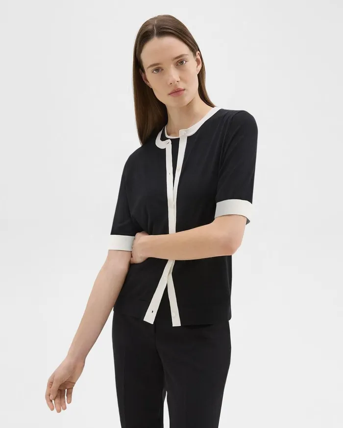 Women Theory Sweaters Cardigans ShortSleeve Cardigan In Regal Wool Blacknew Ivory