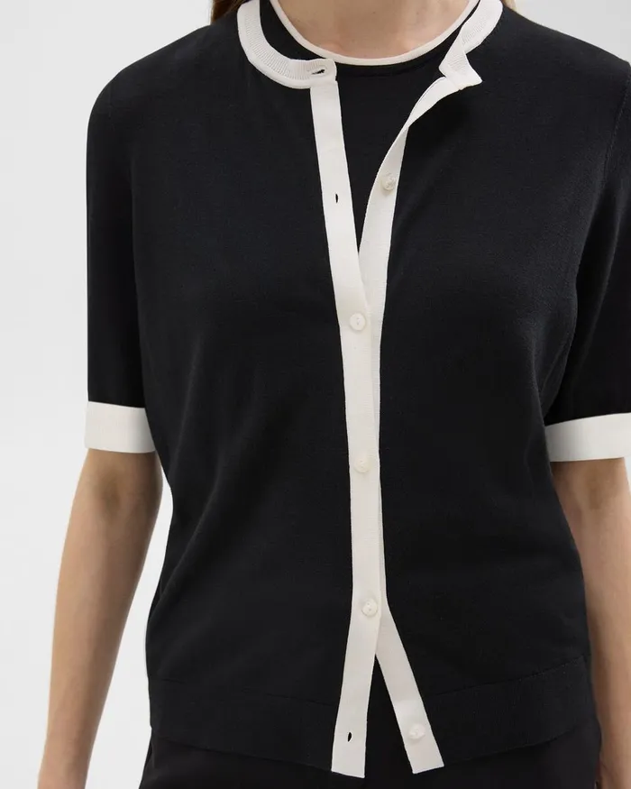 Women Theory Sweaters Cardigans ShortSleeve Cardigan In Regal Wool Blacknew Ivory
