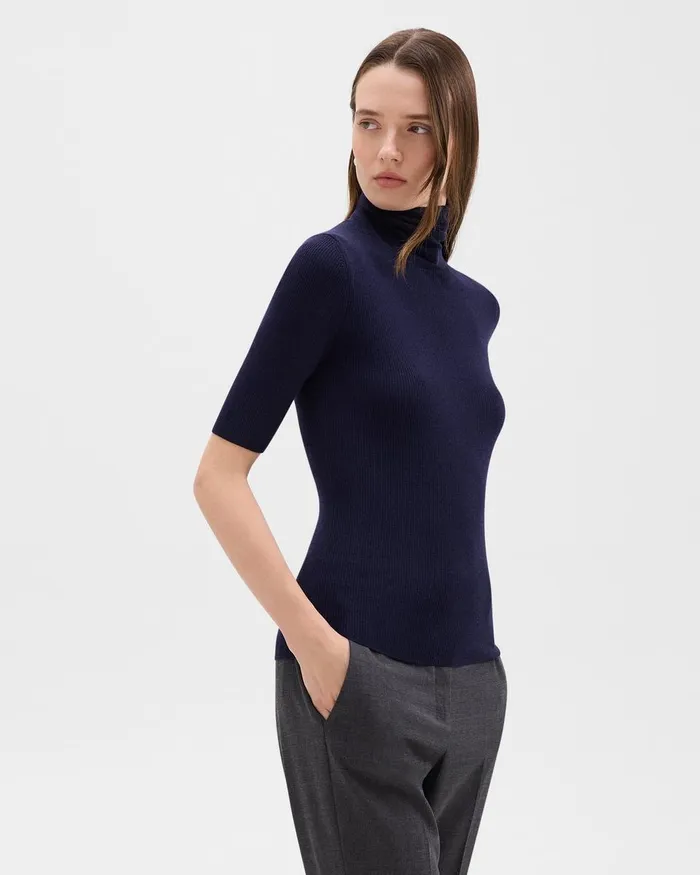 Women Theory Sweaters Cardigans ShortSleeve Turtleneck In Merino Wool Deep Navy