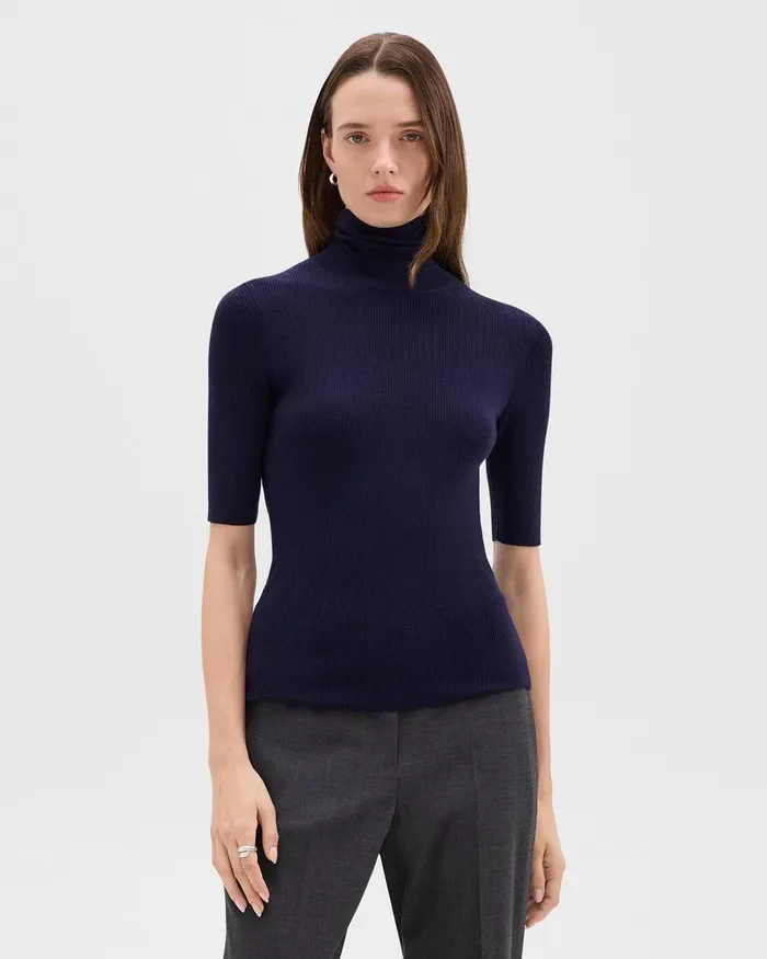 Women Theory Sweaters Cardigans ShortSleeve Turtleneck In Merino Wool Deep Navy