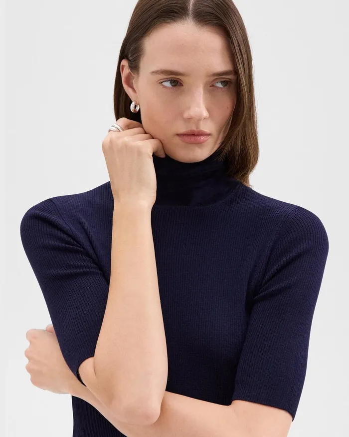 Women Theory Sweaters Cardigans ShortSleeve Turtleneck In Merino Wool Deep Navy