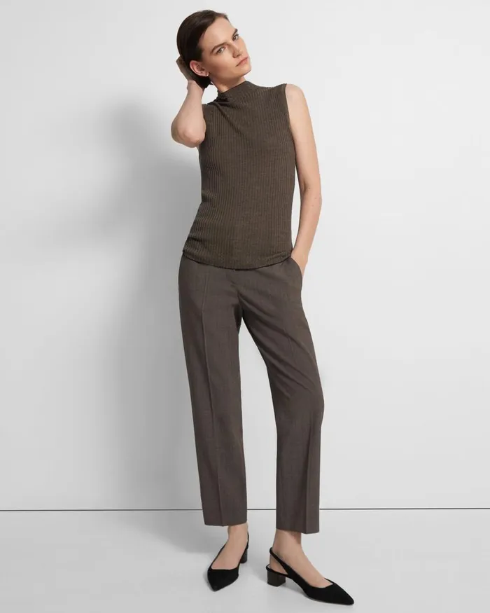 Women Theory Sweaters Cardigans Sleeveless Mock Neck Sweater In Regal Wool Deep Navydark Beige