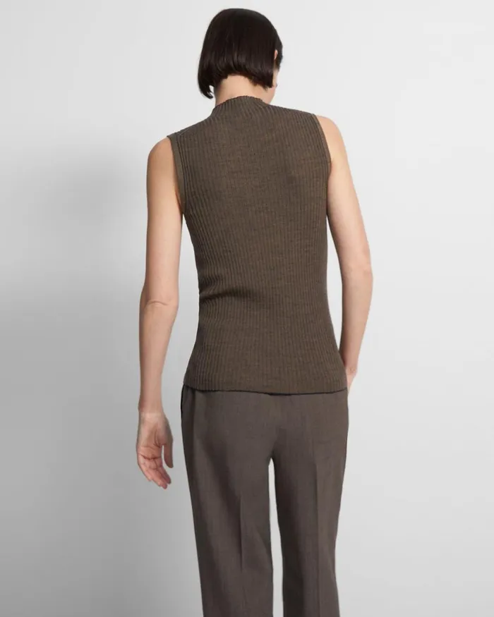 Women Theory Sweaters Cardigans Sleeveless Mock Neck Sweater In Regal Wool Deep Navydark Beige