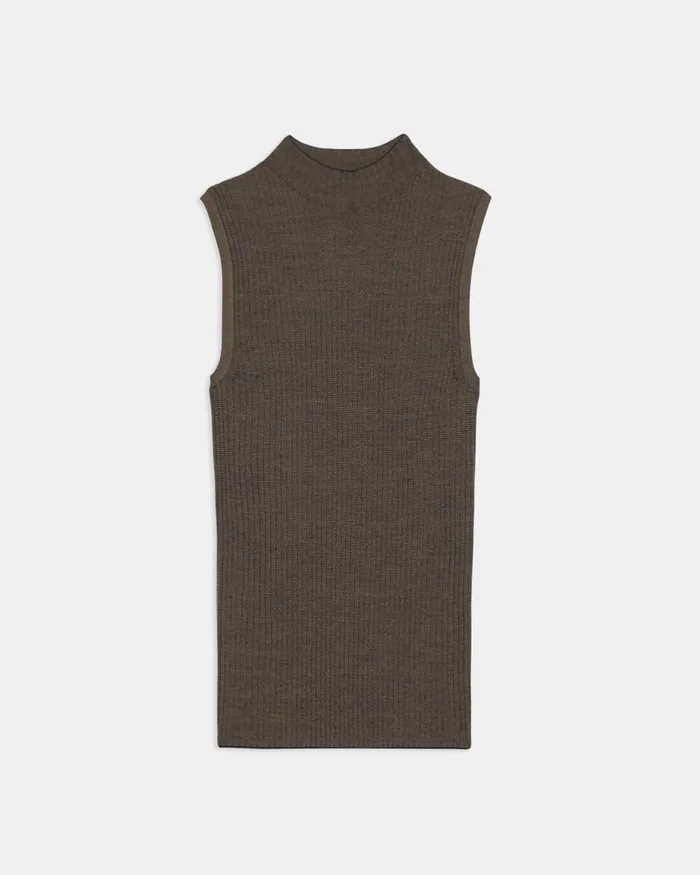 Women Theory Sweaters Cardigans Sleeveless Mock Neck Sweater In Regal Wool Deep Navydark Beige