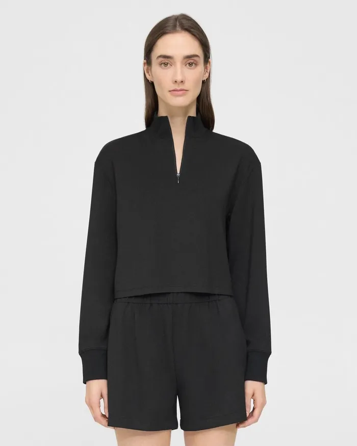 Women Theory TShirts Tank Tops Cropped HalfZip Sweatshirt In DoubleKnit Jersey Black
