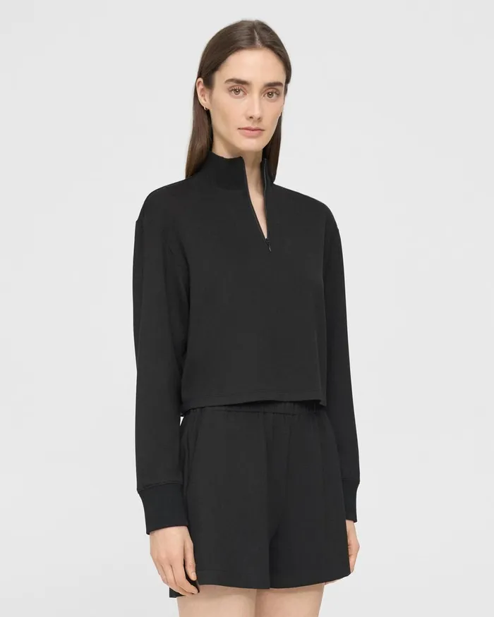 Women Theory TShirts Tank Tops Cropped HalfZip Sweatshirt In DoubleKnit Jersey Black