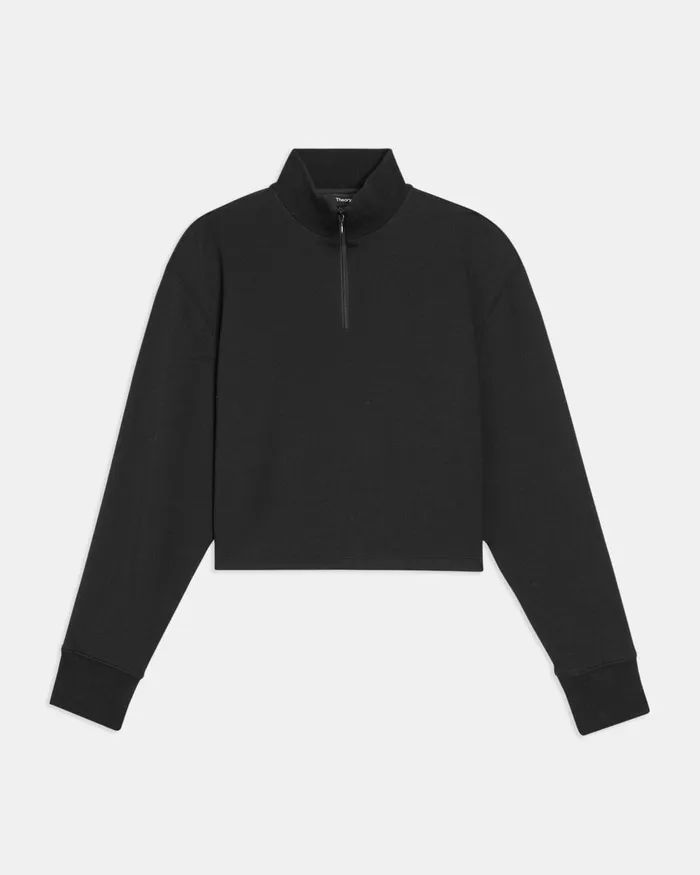 Women Theory TShirts Tank Tops Cropped HalfZip Sweatshirt In DoubleKnit Jersey Black