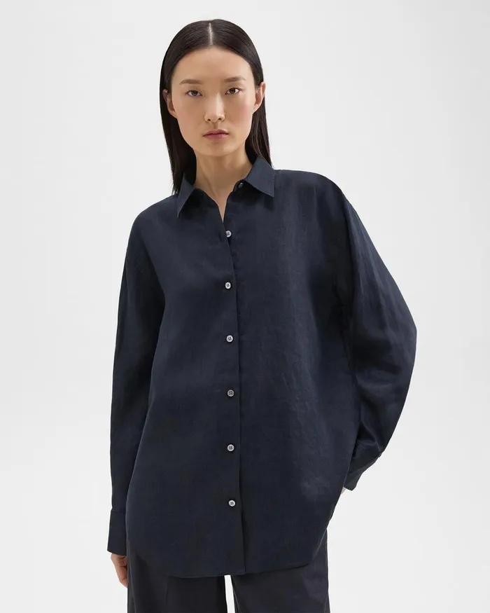 Women Theory Tops Boyfriend Shirt In Relaxed Linen Concord