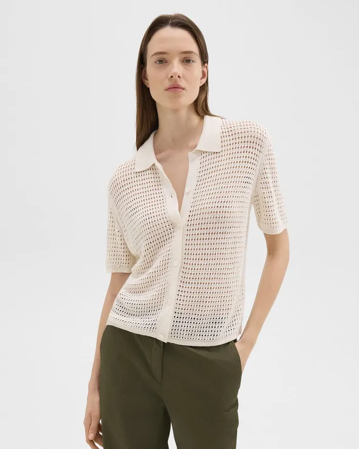 Women Theory Tops Mesh ShortSleeve Shirt In LinenViscose Bone