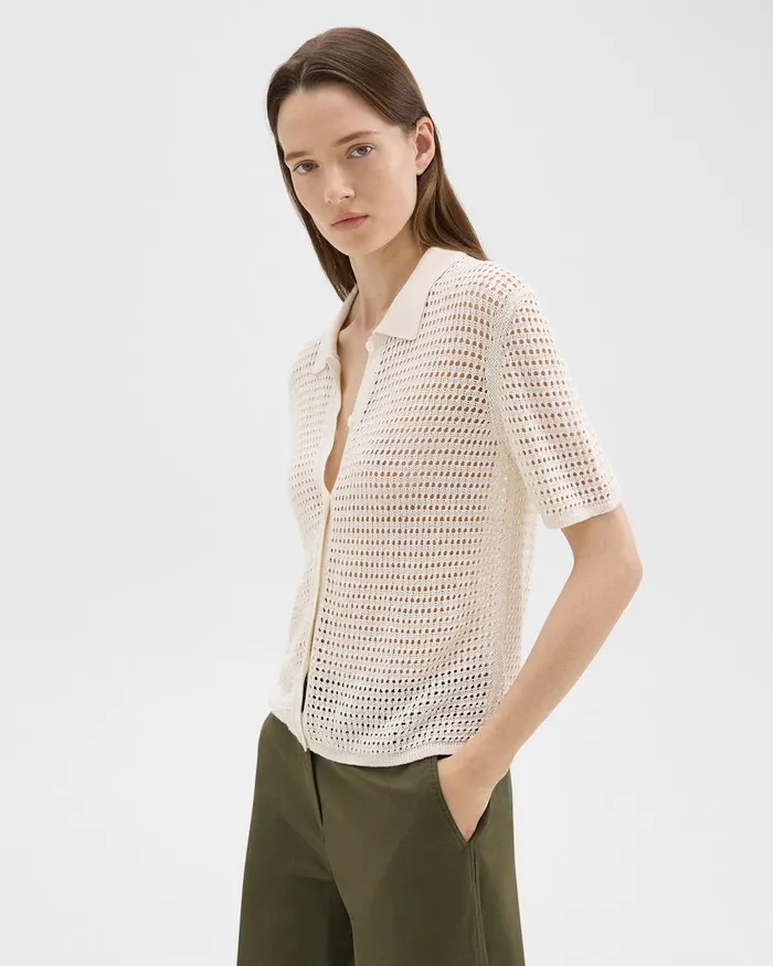 Women Theory Tops Mesh ShortSleeve Shirt In LinenViscose Bone