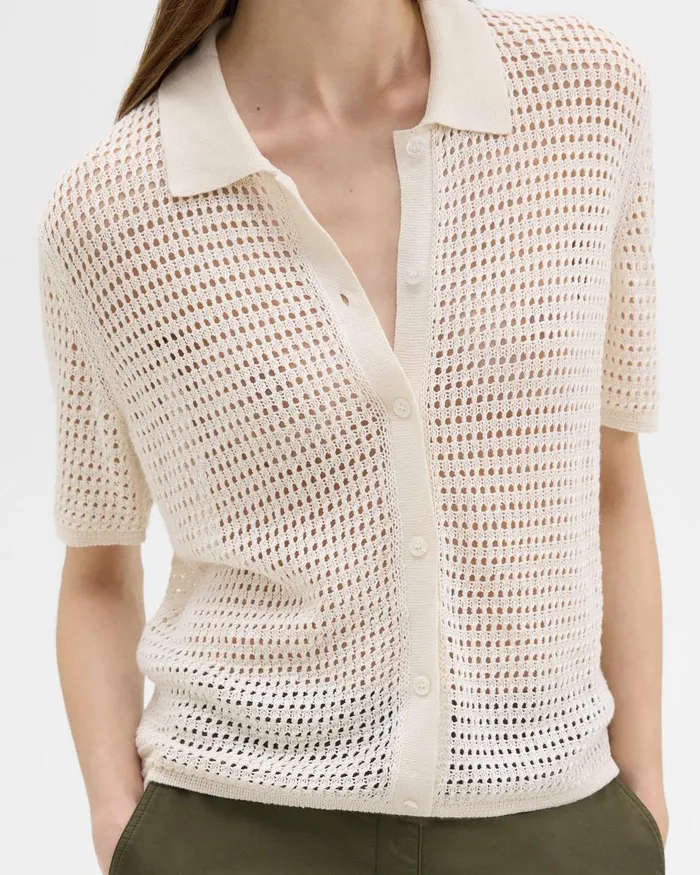 Women Theory Tops Mesh ShortSleeve Shirt In LinenViscose Bone
