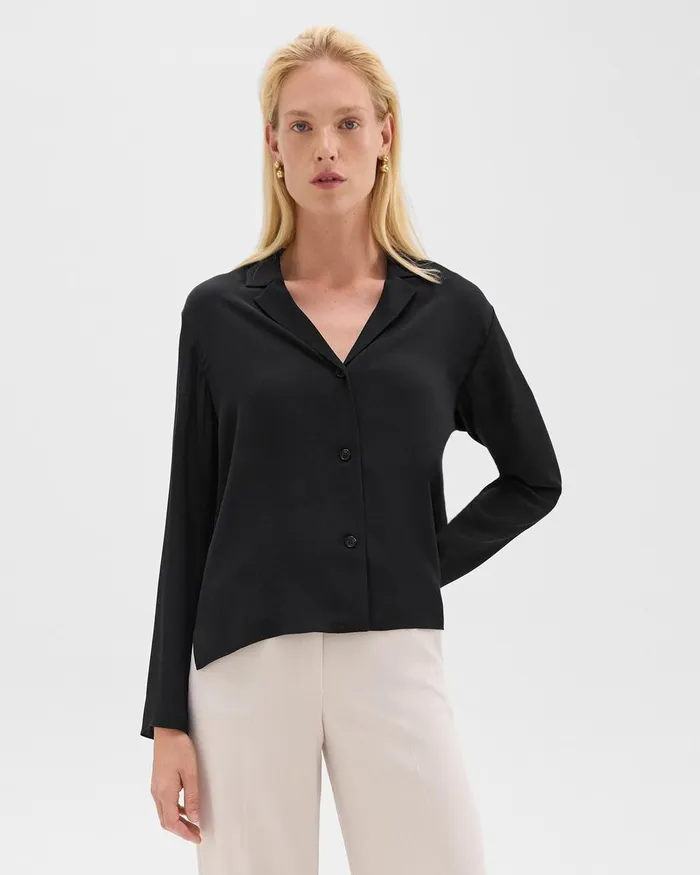 Women Theory Tops Notched Lapel Blouse In Silk Georgette Black