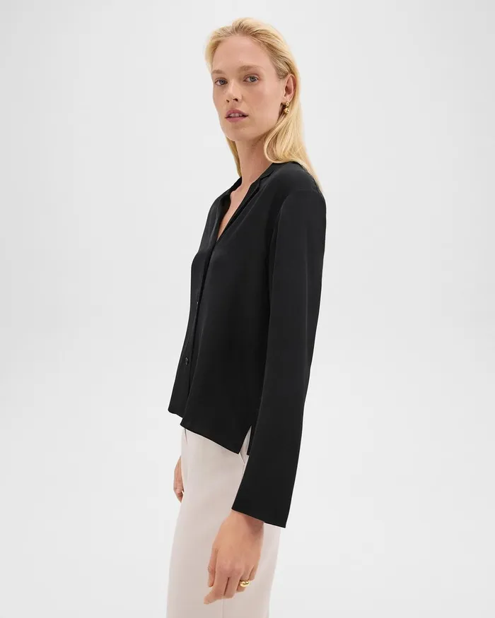 Women Theory Tops Notched Lapel Blouse In Silk Georgette Black