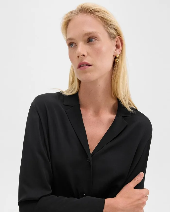 Women Theory Tops Notched Lapel Blouse In Silk Georgette Black