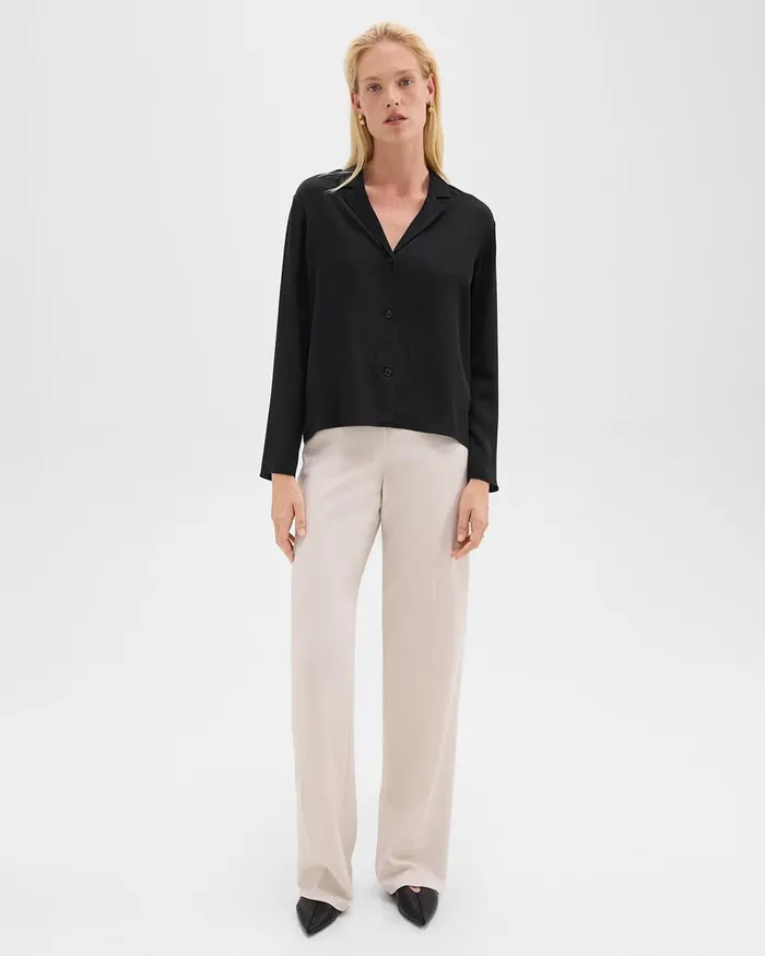 Women Theory Tops Notched Lapel Blouse In Silk Georgette Black