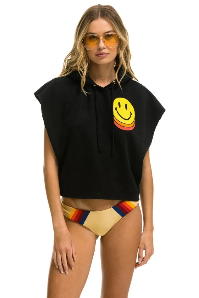 Women Tops Aviator Nation SMILEY SUNSET SLEEVELESS RELAXED CROPPED PULLOVER HOODIE 8211 BLACK Women Tops Aviator Nation SMILEY SUNSET SLEEVELESS RELAXED CROPPED PULLOVER HOODIE 8211 BLACK