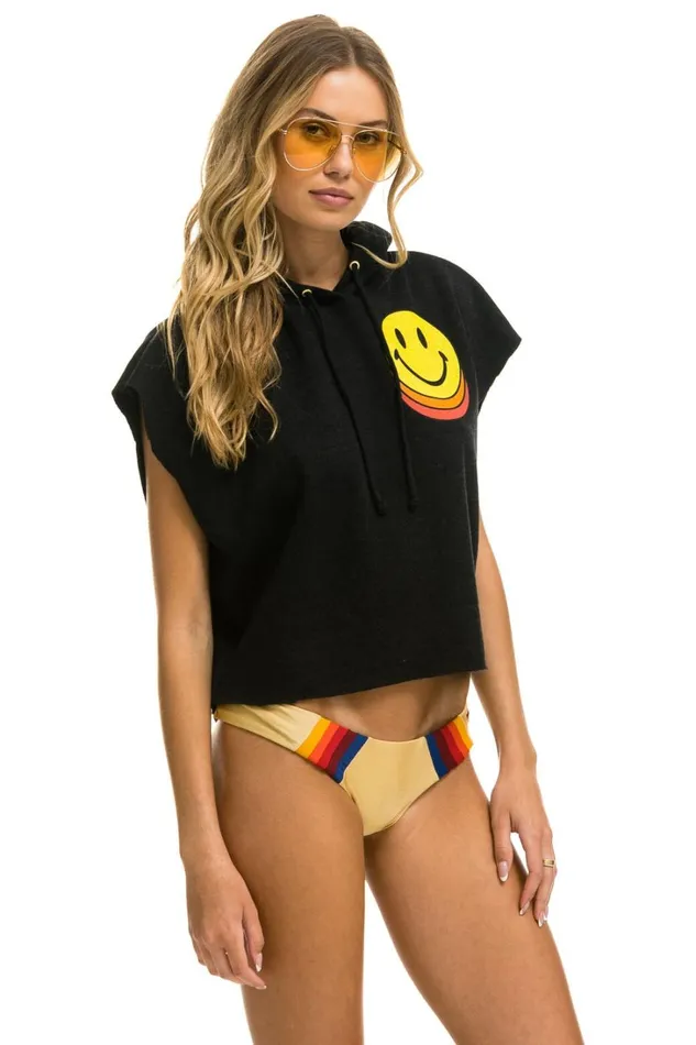 Women Tops Aviator Nation SMILEY SUNSET SLEEVELESS RELAXED CROPPED PULLOVER HOODIE 8211 BLACK