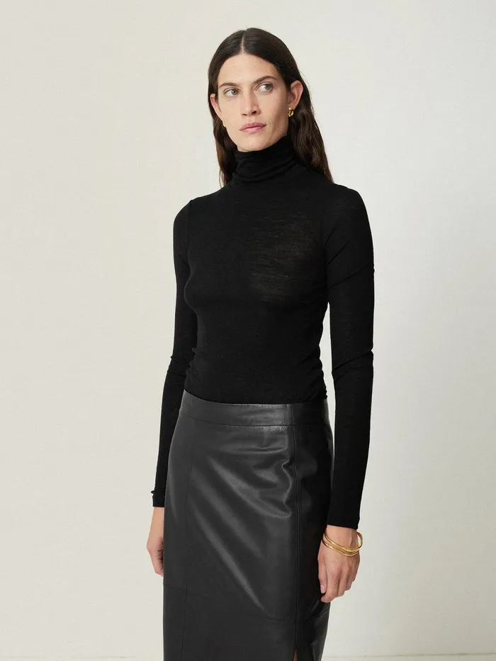 Women Wool Jersey Polo Neck Top Black Jigsaw Shirts and Tops