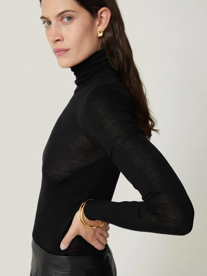 Women Wool Jersey Polo Neck Top Black Jigsaw Shirts and Tops
