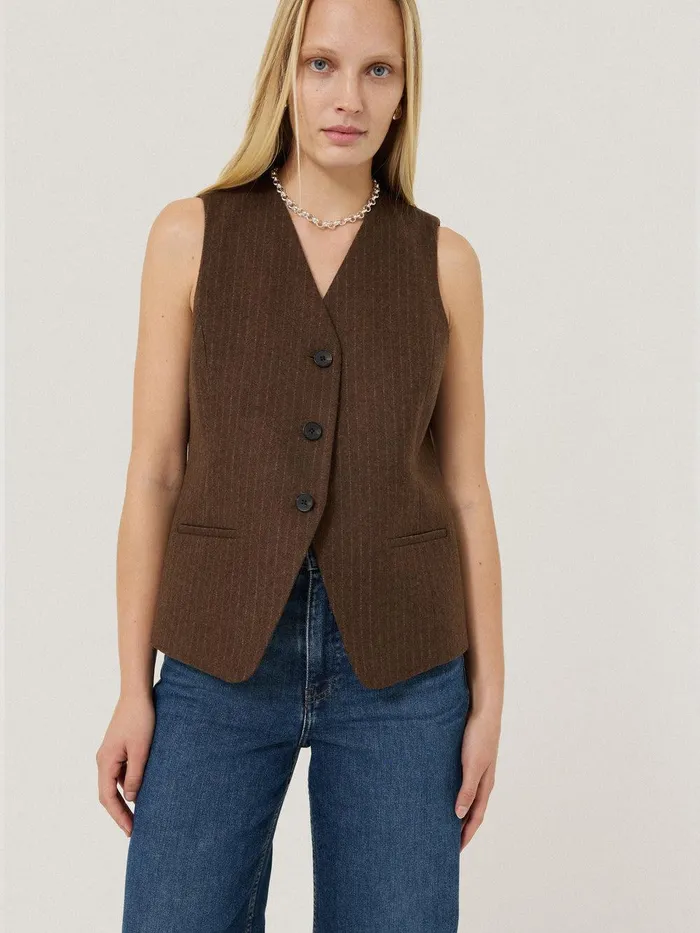 Women Wool Pinstripe Waistcoat Brown Jigsaw Shirts and Tops