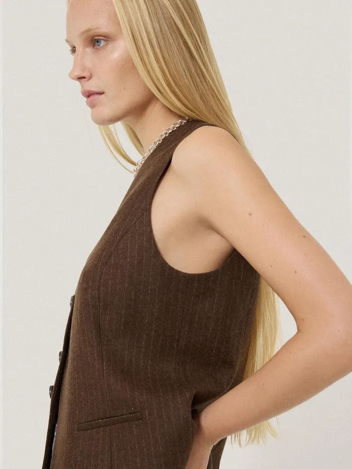 Women Wool Pinstripe Waistcoat Brown Jigsaw Shirts and Tops