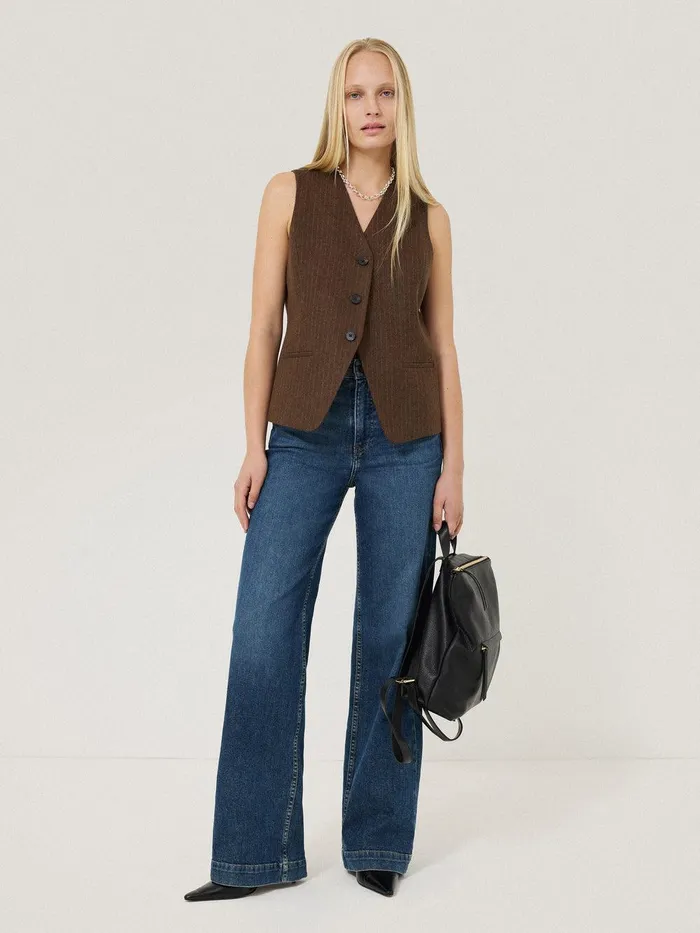 Women Wool Pinstripe Waistcoat Brown Jigsaw Shirts and Tops