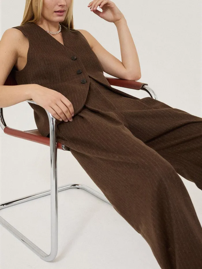 Women Wool Pinstripe Waistcoat Brown Jigsaw Shirts and Tops