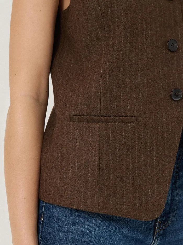 Women Wool Pinstripe Waistcoat Brown Jigsaw Shirts and Tops