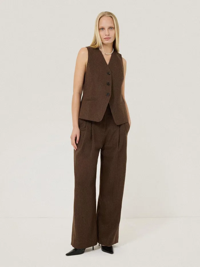 Women Wool Pinstripe Waistcoat Brown Jigsaw Shirts and Tops