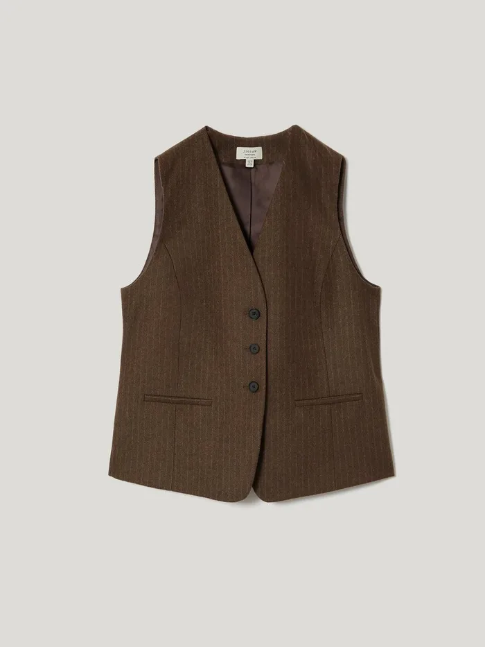 Women Wool Pinstripe Waistcoat Brown Jigsaw Shirts and Tops